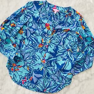 Lilly Pulitzer Del Ray Silk Blouse Mai Tai Blue Small Teal Floral Style #62367